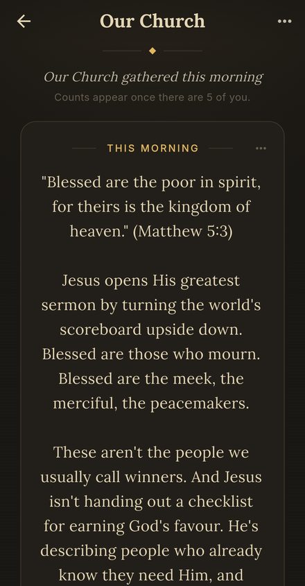 A group page: Our Church gathered this morning, and the leader's card for the day on the Beatitudes