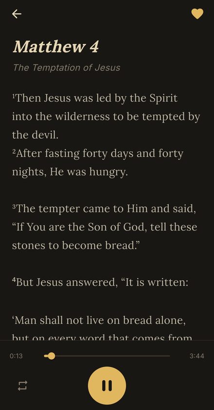 Read-along view of Matthew 4 with the audio player